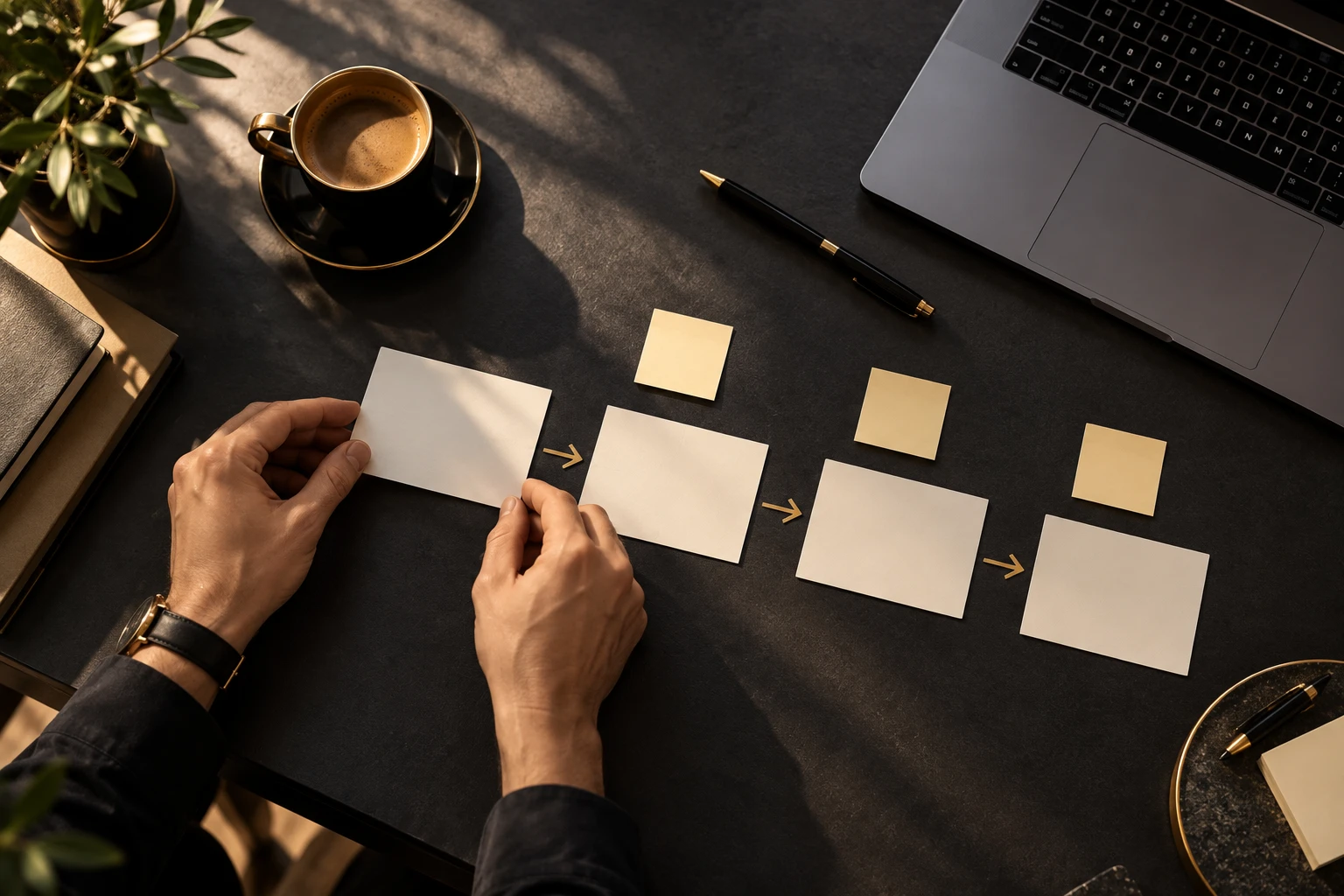 Blank paper cards arranged in a left-to-right flow on a desk